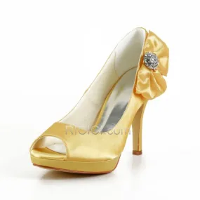 Jaune Satin Chaussure Mariée Bout Ouvert Talon Aiguille Noeud 10 cm Talon Haut Élégant